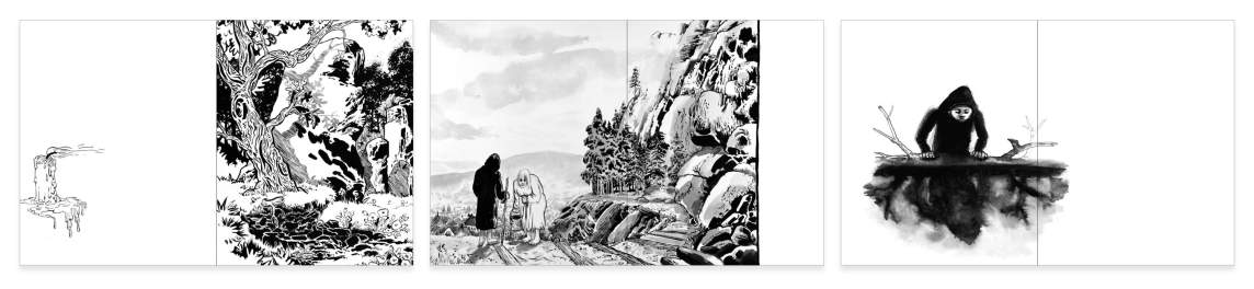 A composite image of three page spreads from an artist’s book, entitled Be Home Here. The images are primarily landscapes, rendered in black and white with detailed lines and washes of black color.