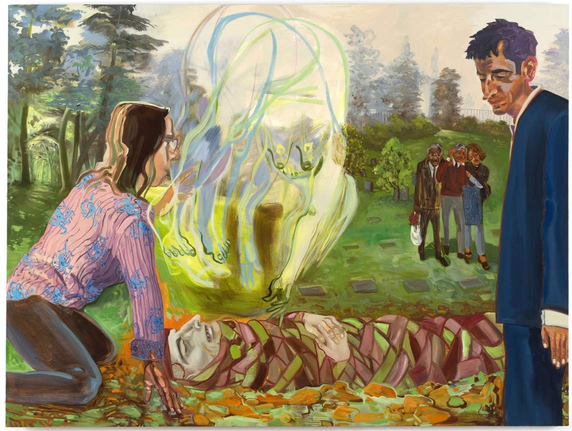 “My Mother's Funeral” is an expressionist figurative painting, in which a woman with medium light skin, brown hair, glasses and pink patterned shirt at left, kneels above a dead woman wrapped in green and red fabric strips. Above the dead woman, a ghostly transparent nude figure floats above, folded at the waist. To the right, a man with medium dark skin in a blue suit looks down sadly at the body. Behind them is a green grassy cemetery, and two men and a woman with medium dark skin huddle together in the distance looking towards the funeral scene.