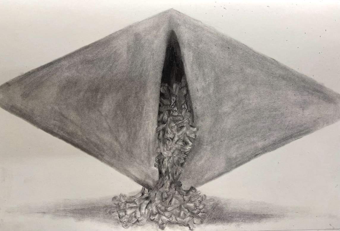 In this graphite drawing, a wide diamond levitates, and from a central slash down the center, disembodied feet pour from the opening, creating a small pile of feet on the ground.