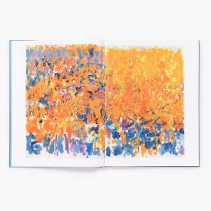 A book is open to showcase two pages that reproduce an abstract painting with predominantly yellow and orange hues.