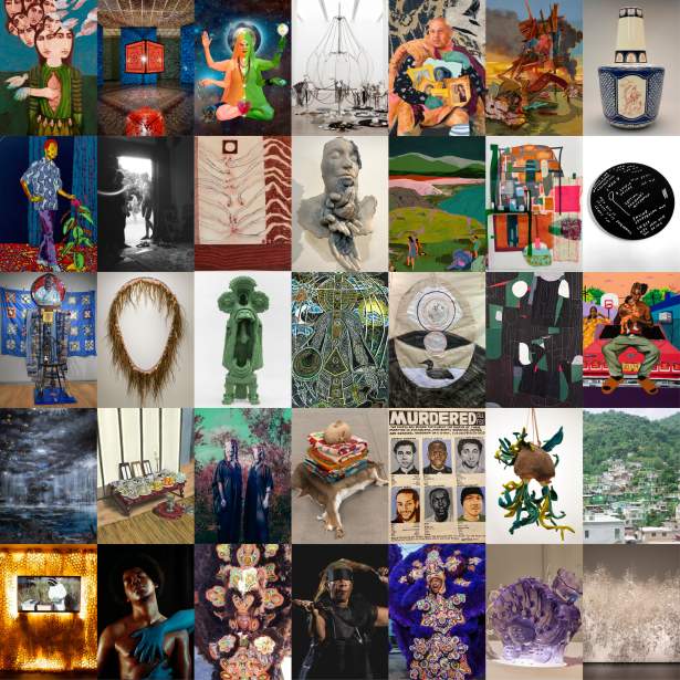 A grid of 35 artworks of diverse aesthetics and media