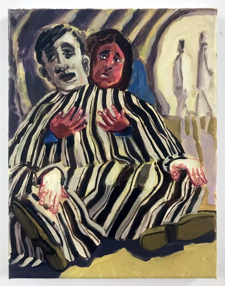 In a vertically oriented painting, a pale man in a black-and-white striped jumpsuit seems to fall back into the arms of a person with medium skin tone and black hair, with concern on her face. In the background are undulating lines of gray, yellow and white, and two ghostly walking figures.